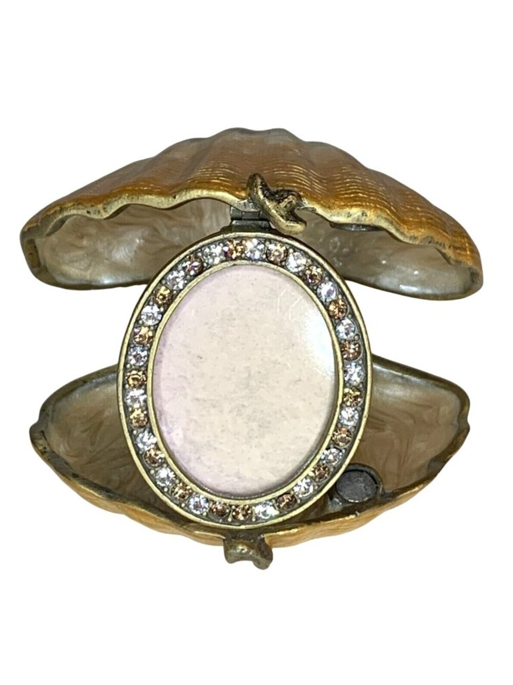 Decorative Clam Seashell Trinket Box w/ Jeweled Rhinestone-Accented Oval Frame